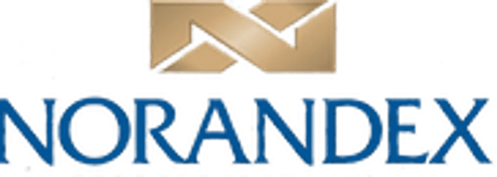 Norandex logo featuring bold lettering and a mountain design in blue and gold colors.